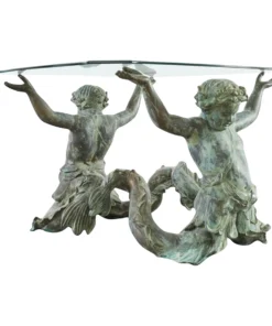 Mid 20th Century Antique-Style Patinated Bronze Merman/Triton Dining Table Base With Glass Top