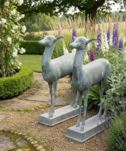 Pair of Patinated Bronze Garden Deer Statues