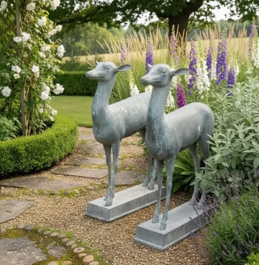 Pair of Patinated Bronze Garden Deer Statues