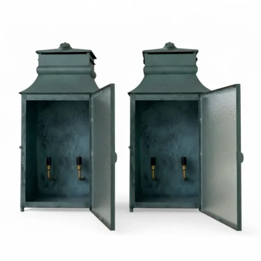 Pair of Verdigris Patina Copper or Metal Wall Lanterns - Image 2