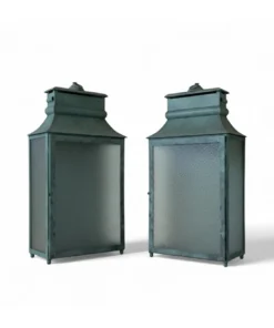 Pair of Verdigris Patina Copper or Metal Wall Lanterns