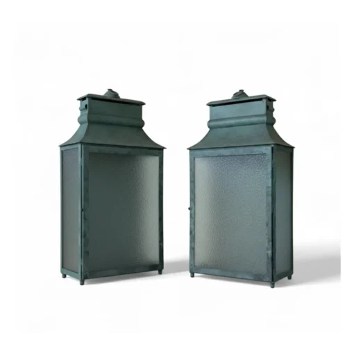 Pair of Verdigris Patina Copper or Metal Wall Lanterns