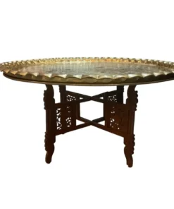 Vintage Moroccan Round Etched Brass Tray Side/ Coffee Table on Carved Folding Wood Base