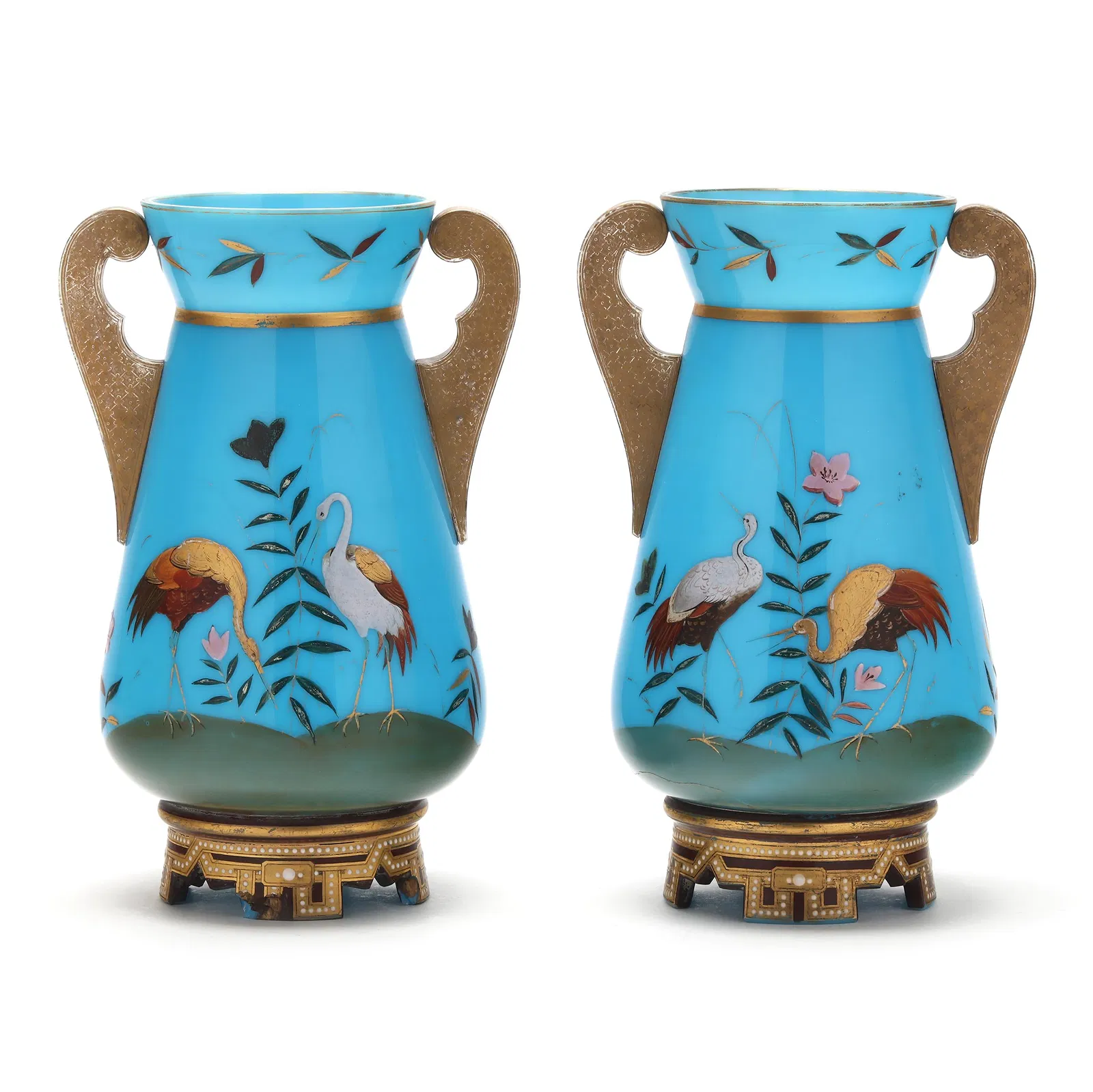 Pair of Gilt Double Handled Blue Opaline Vases - Image 2