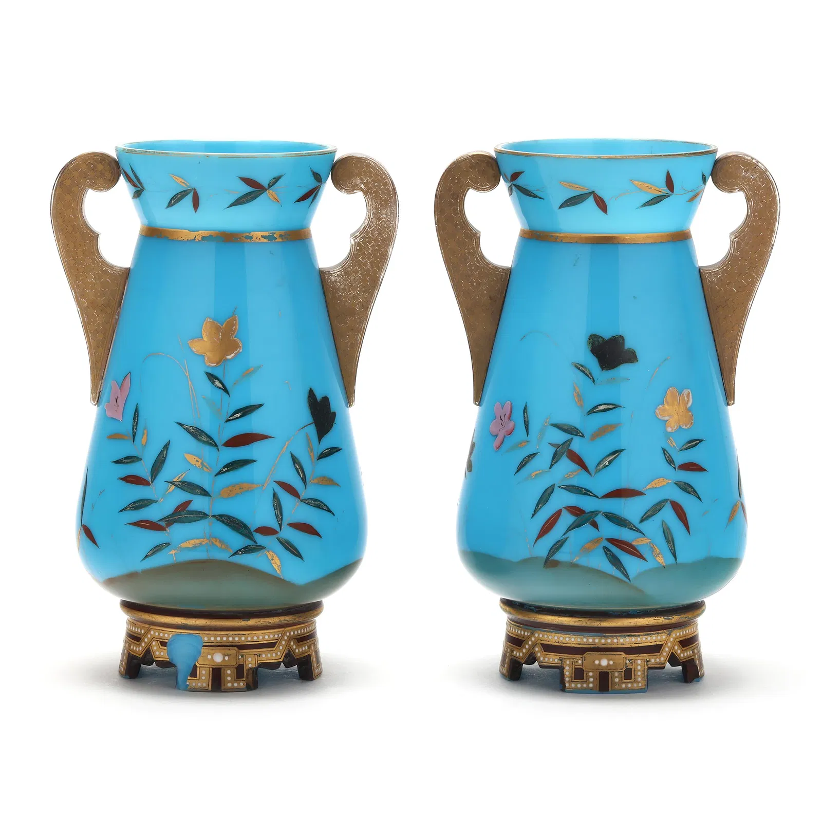 Pair of Gilt Double Handled Blue Opaline Vases - Image 3