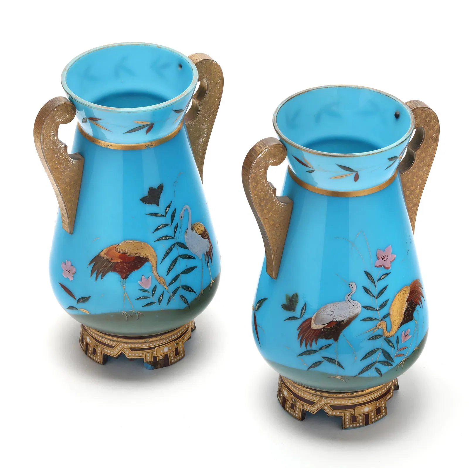 Pair of Gilt Double Handled Blue Opaline Vases - Image 4