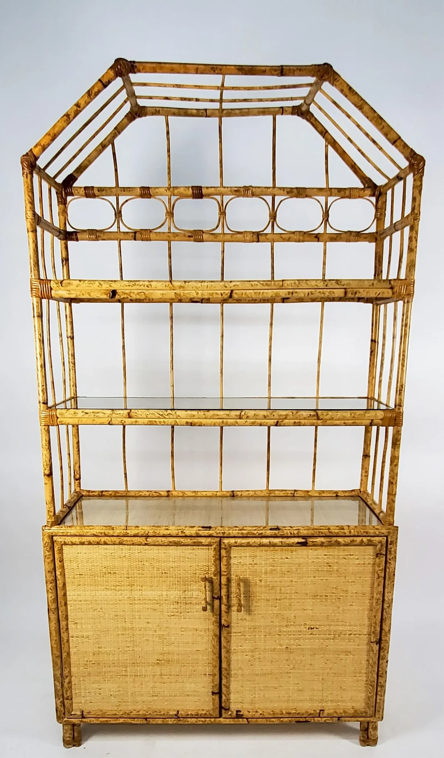 Modern Bamboo & Rattan Two-Door Cabinet with Tiered Etagere - Image 3