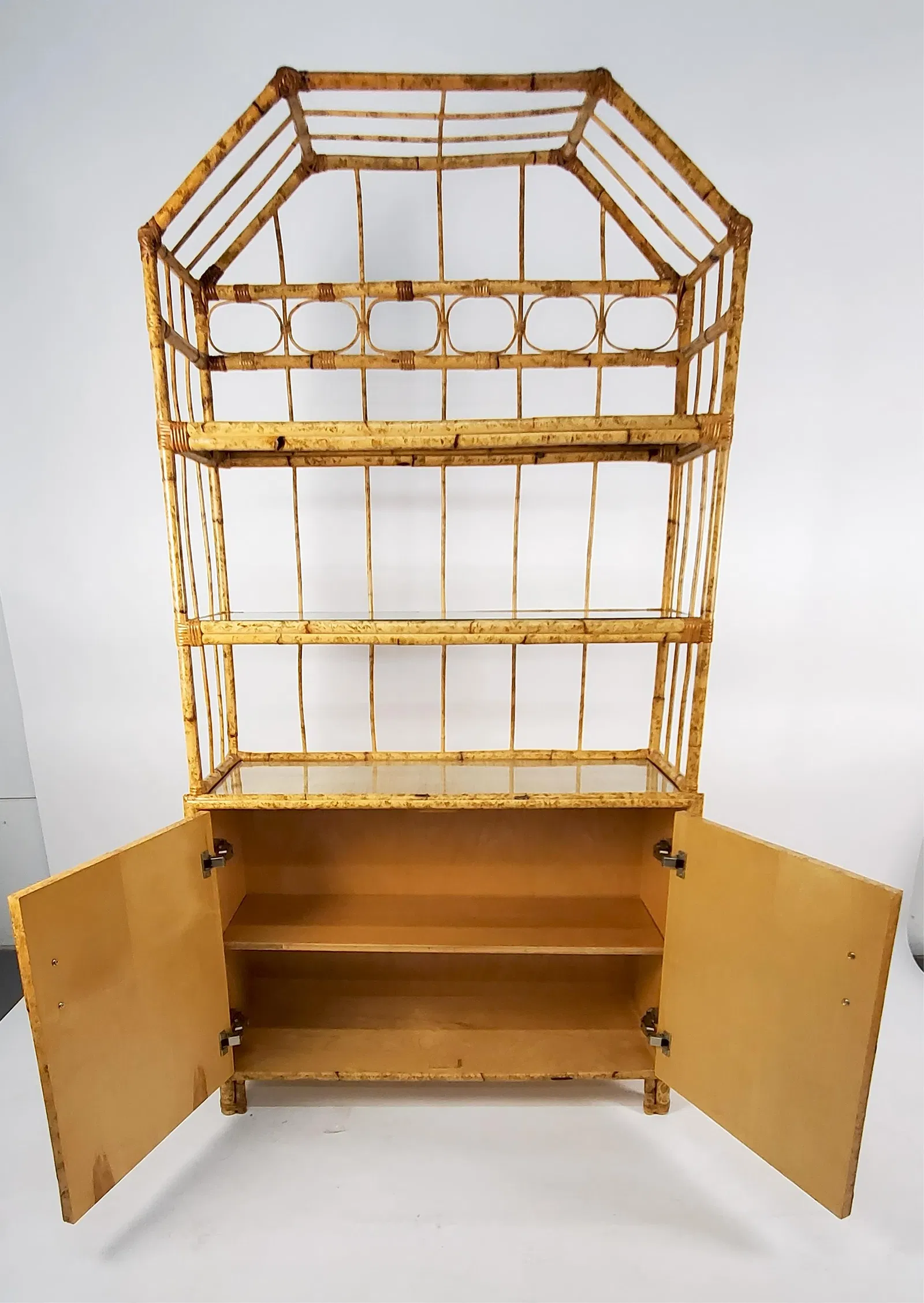 Modern Bamboo & Rattan Two-Door Cabinet with Tiered Etagere - Image 2