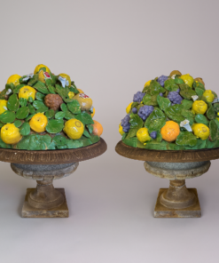 Pair of Antique Cast Iron Urns with Italian Ceramic Fruit Arrangements