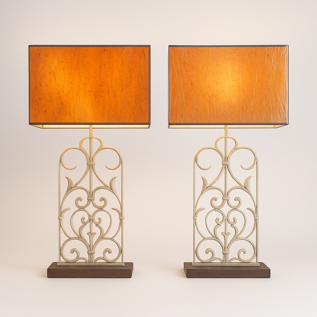Pair of Wrought Iron & Leather Table Lamps – 36” H x 14” W x 5” D
