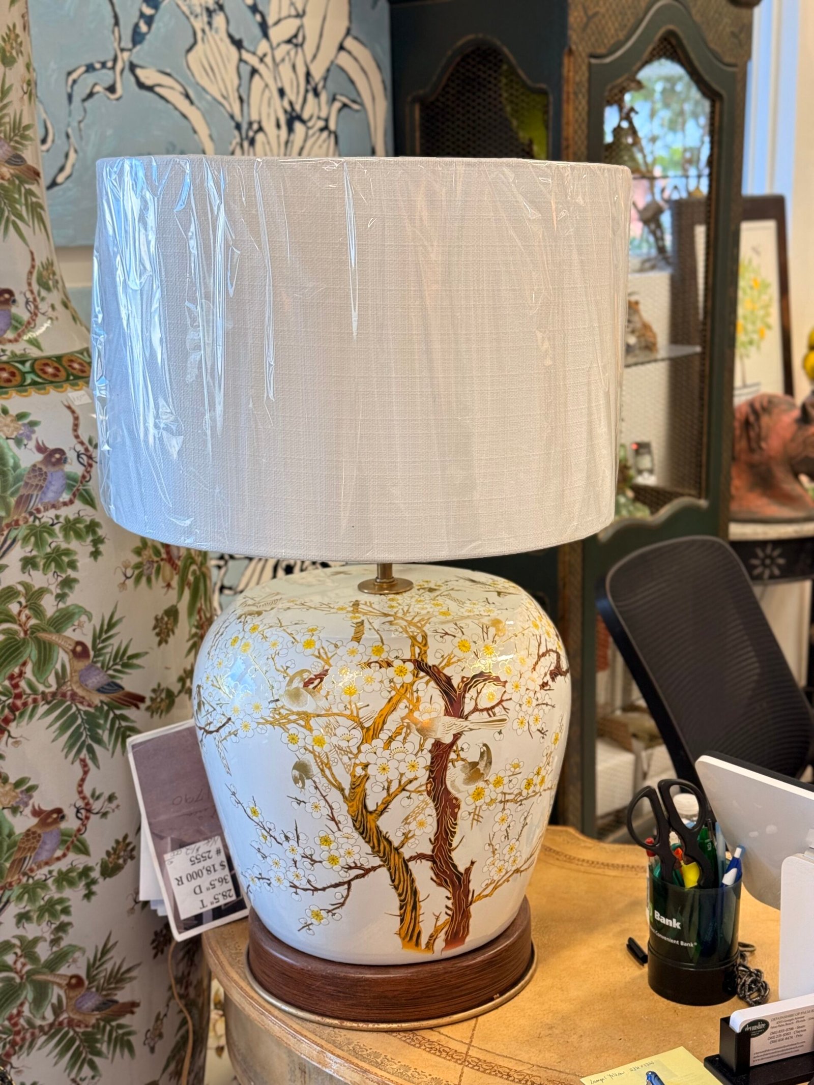 Ceramic Chinoiserie Bird Lamp with Linen Shade - Image 2