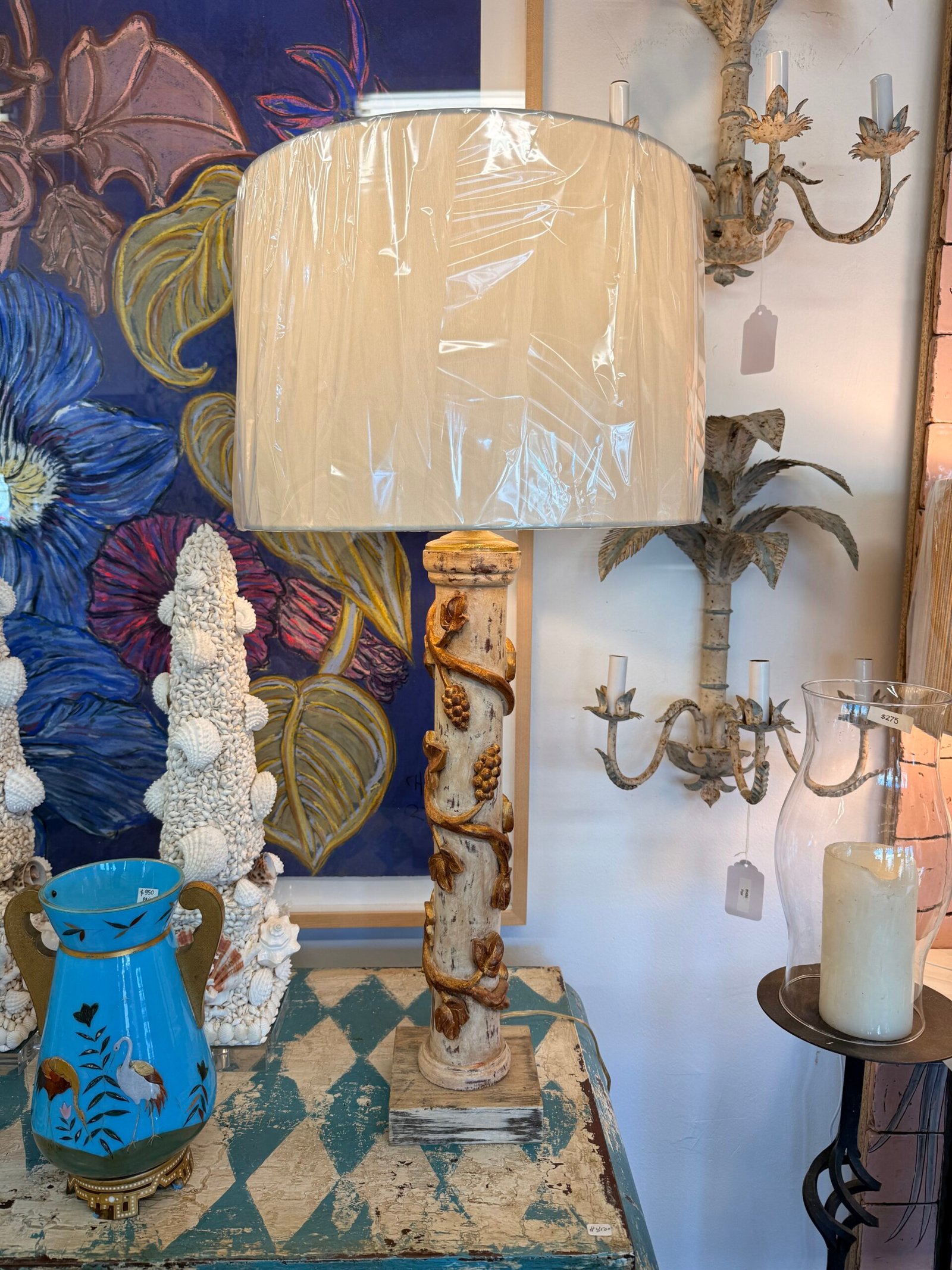 Carved Wood Vine & Grape Table Lamp with Shade - Image 2