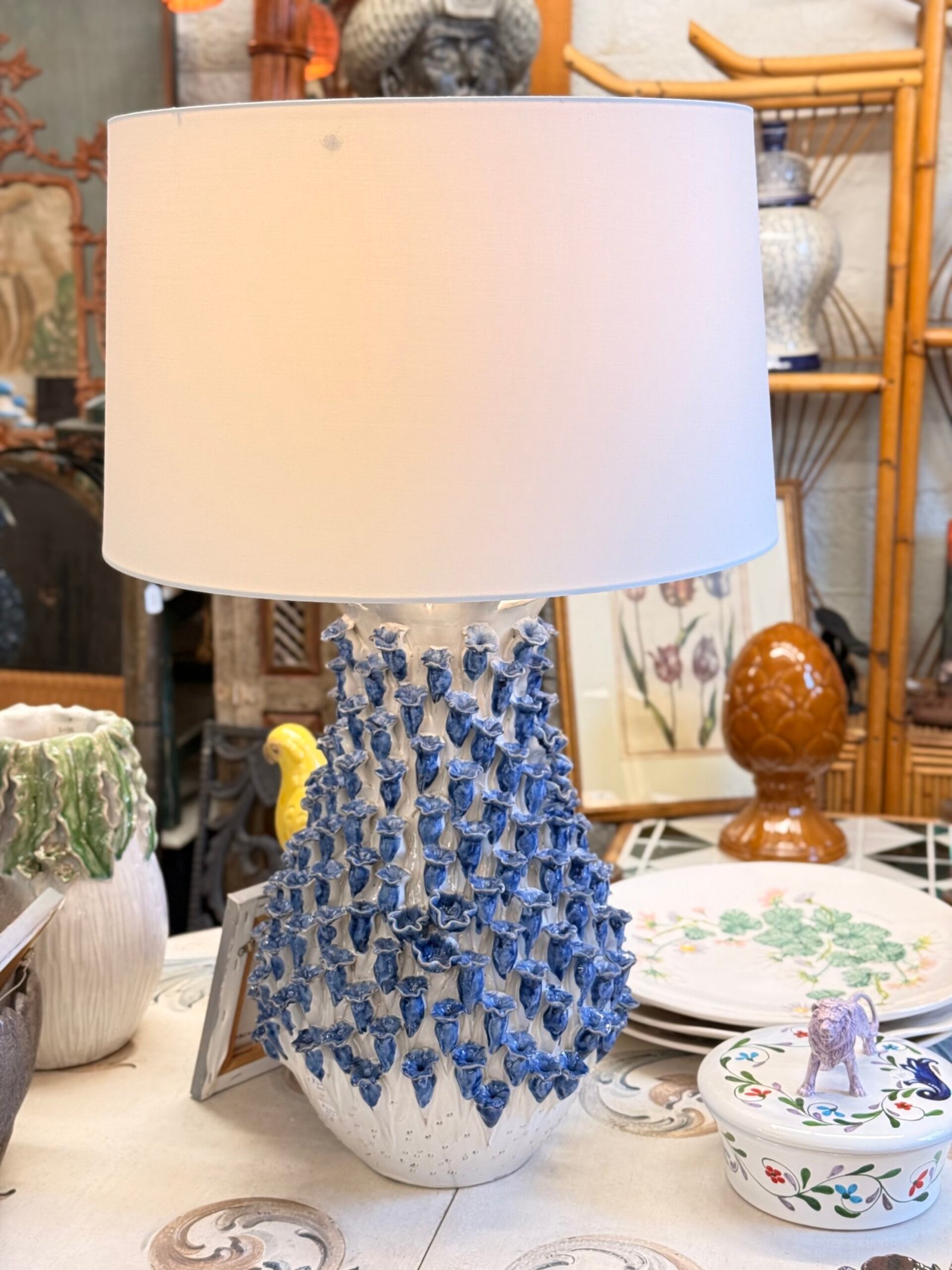 Blue & White Ceramic Flower Burst Table Lamp - Image 2