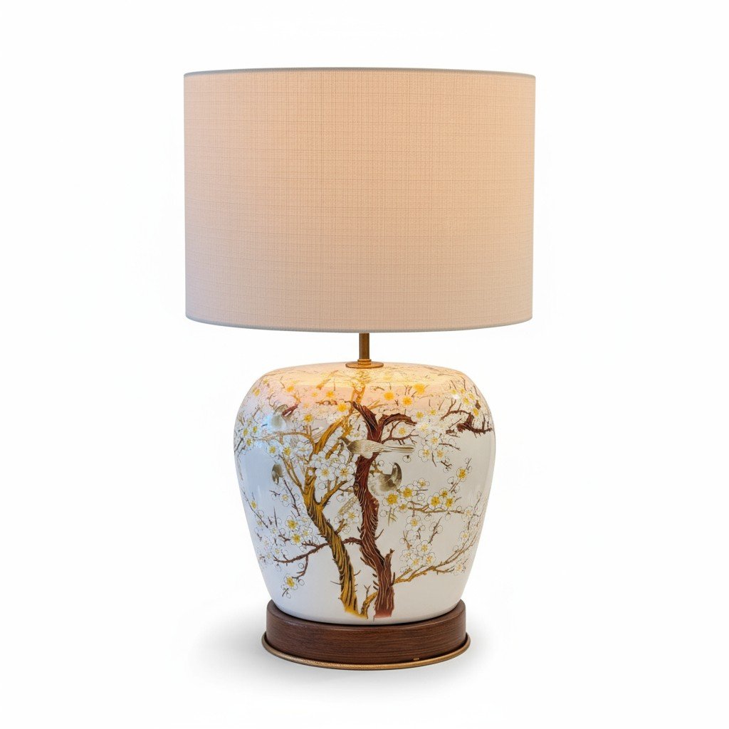 Ceramic Chinoiserie Bird Lamp with Linen Shade