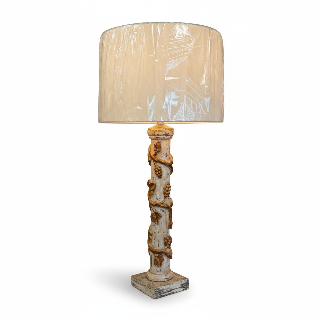 Carved Wood Vine & Grape Table Lamp with Shade