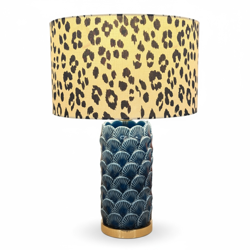 Blue Ceramic Scallop Lamp with Leopard Print Shade