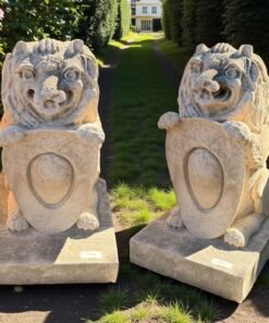 Pair of Carved Sandstone Lions with Shields
