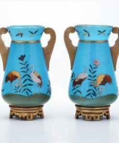 Pair of Gilt Double Handled Blue Opaline Vases