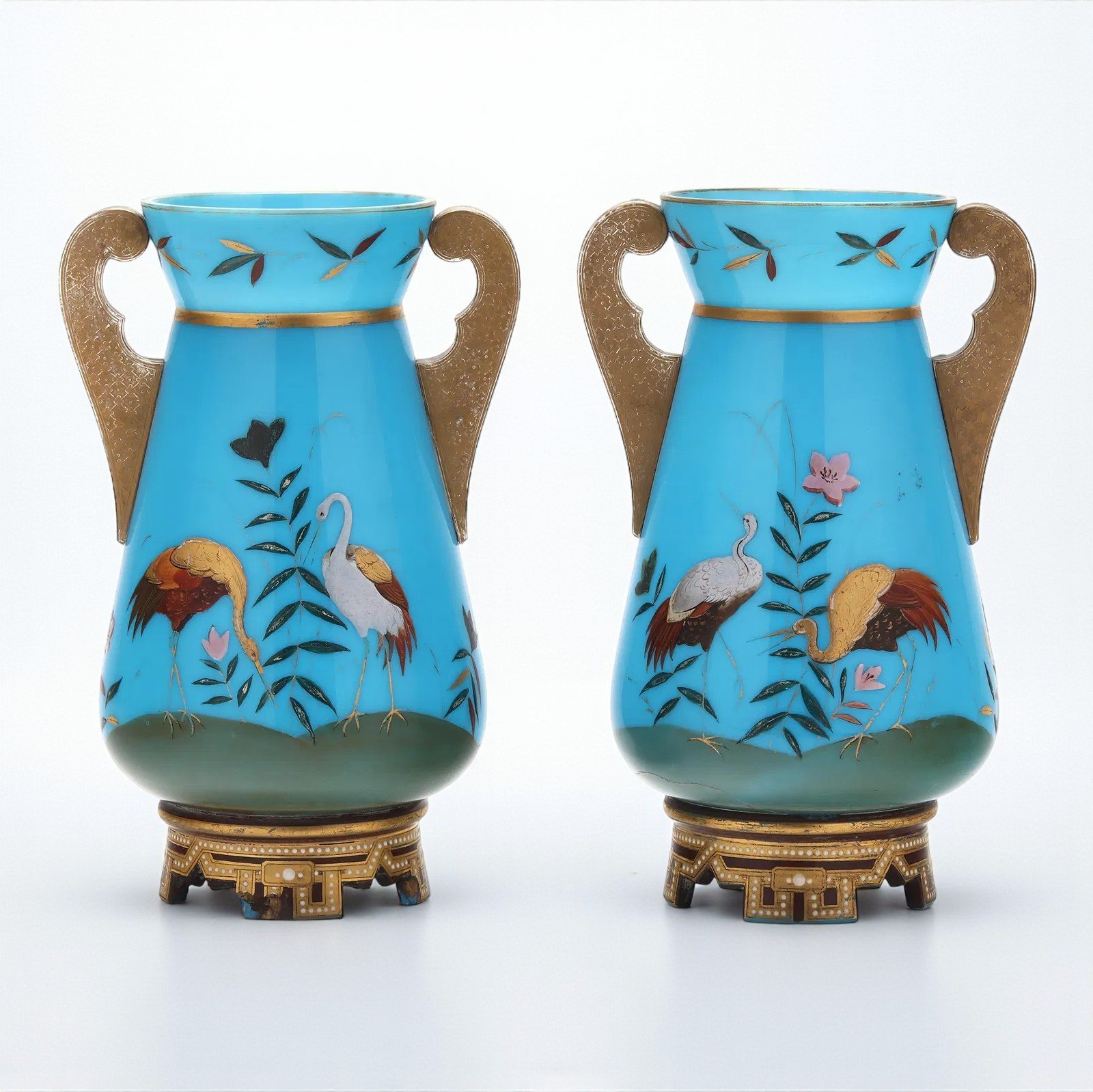 Pair of Gilt Double Handled Blue Opaline Vases