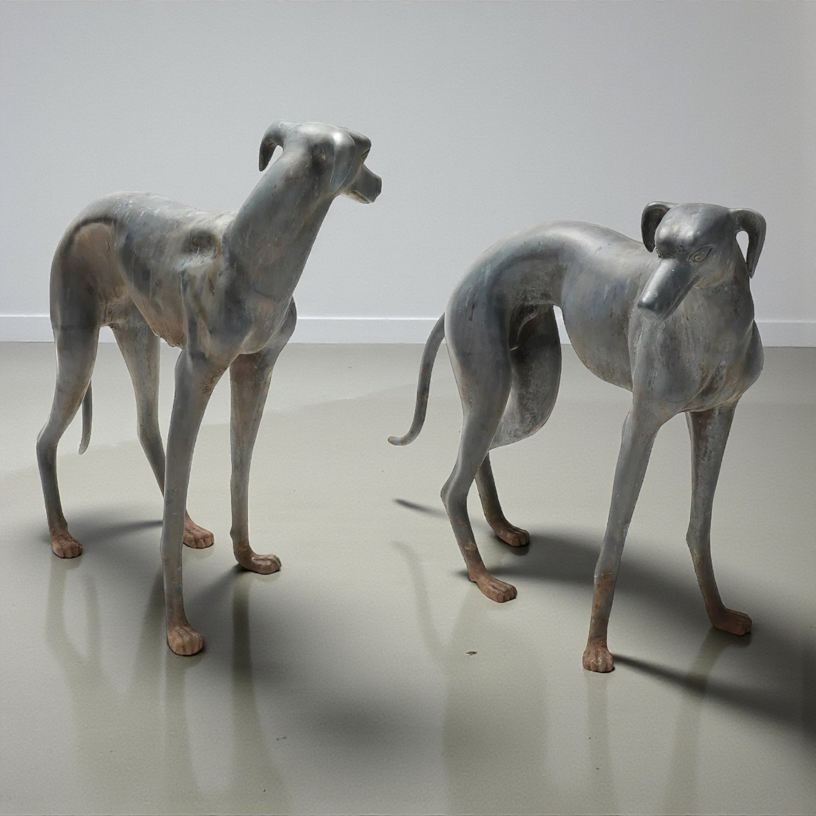 Pair of Large Bronze Greyhound Entryway Statues, Late 20th Century