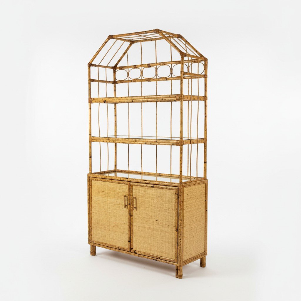 Modern Bamboo & Rattan Two-Door Cabinet with Tiered Etagere