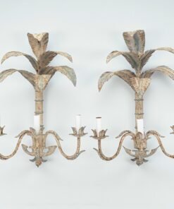 Pair of Italian Painted Tole Palm Frond Two-Light Sconces