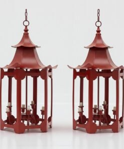 Pair Italian Painted Tole Six-Light Pagoda-Form Lanterns
