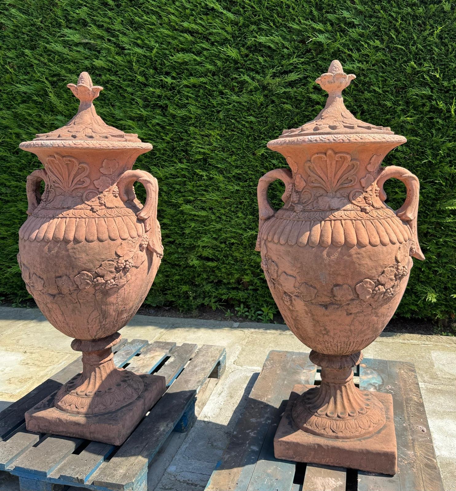 Pair of Classical Ornate Cast Stone Urns with Handles and Lids – Terracotta Finish - Image 2