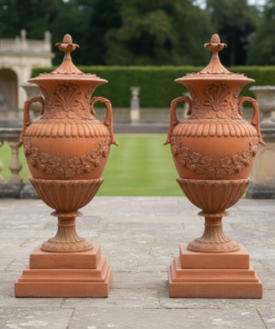 Pair of Classical Ornate Cast Stone Urns with Handles and Lids – Terracotta Finish
