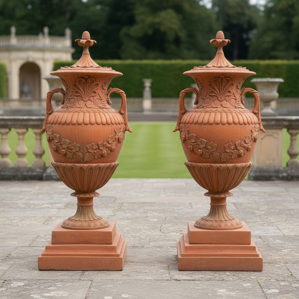 Pair of Classical Ornate Cast Stone Urns with Handles and Lids – Terracotta Finish