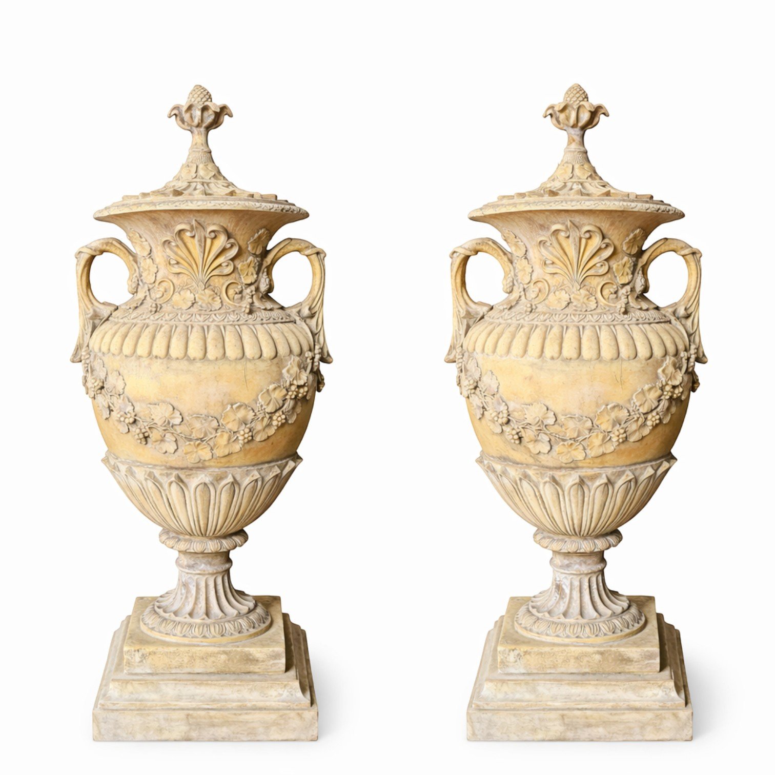 Large English Stone Garden Urns, Set of 2