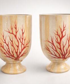 Pair of Large Italian Coral Hand Painted Ceramic Planter