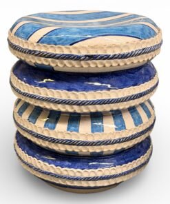 Italian Round Hand-Painted Blue Ceramic Garden Seat / Side Table