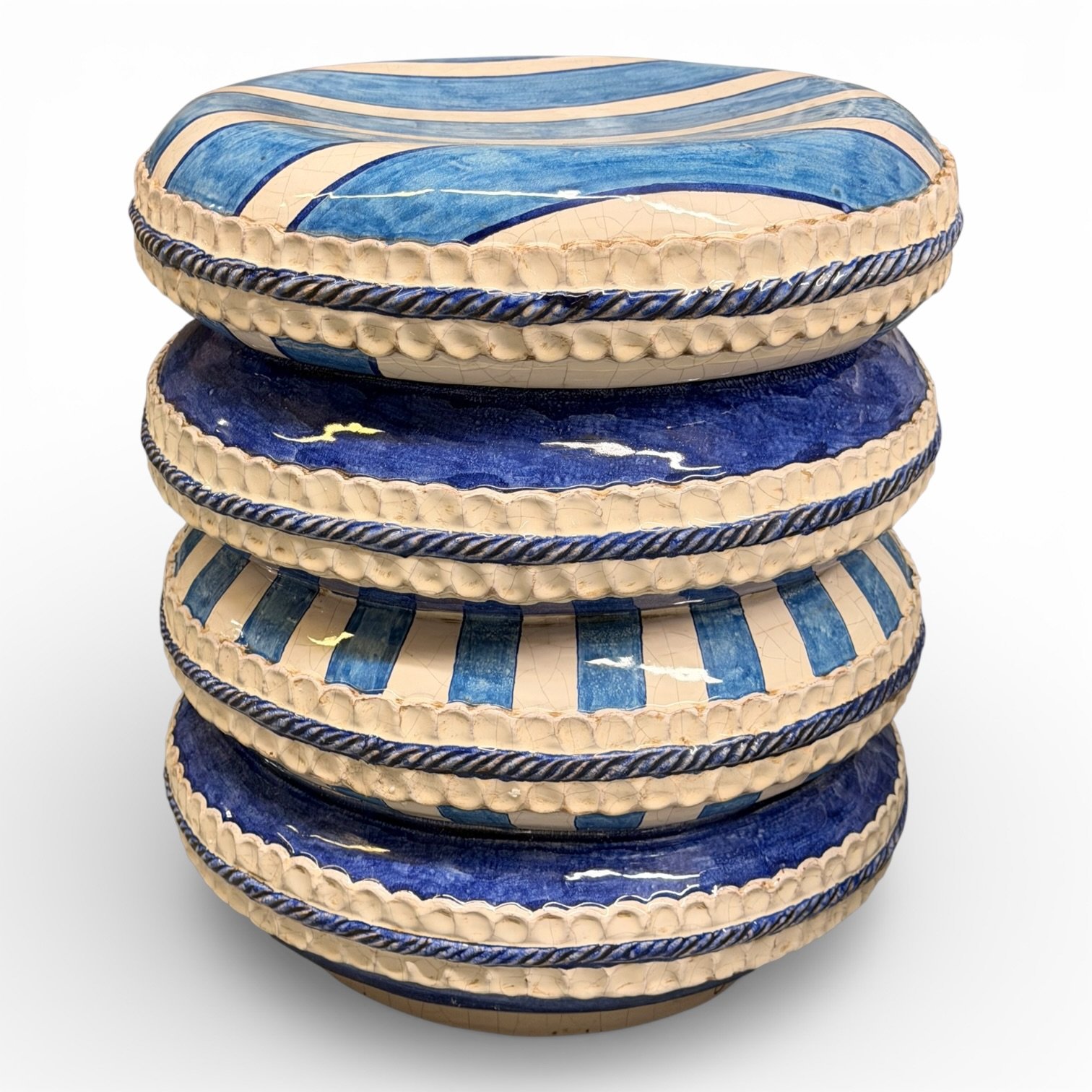 Italian Round Hand-Painted Blue Ceramic Garden Seat / Side Table