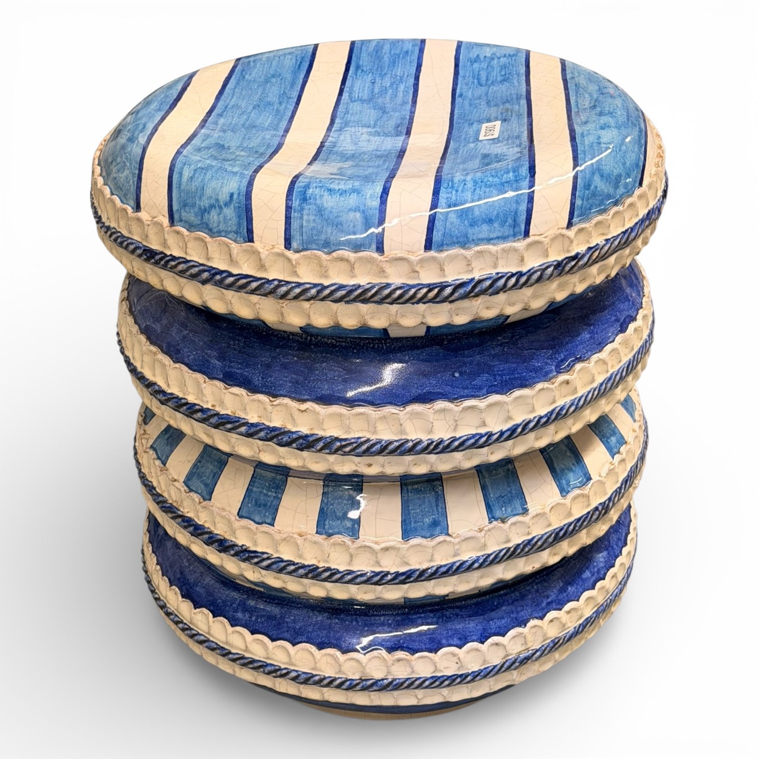 Italian Round Hand-Painted Blue Ceramic Garden Seat / Side Table - Image 3