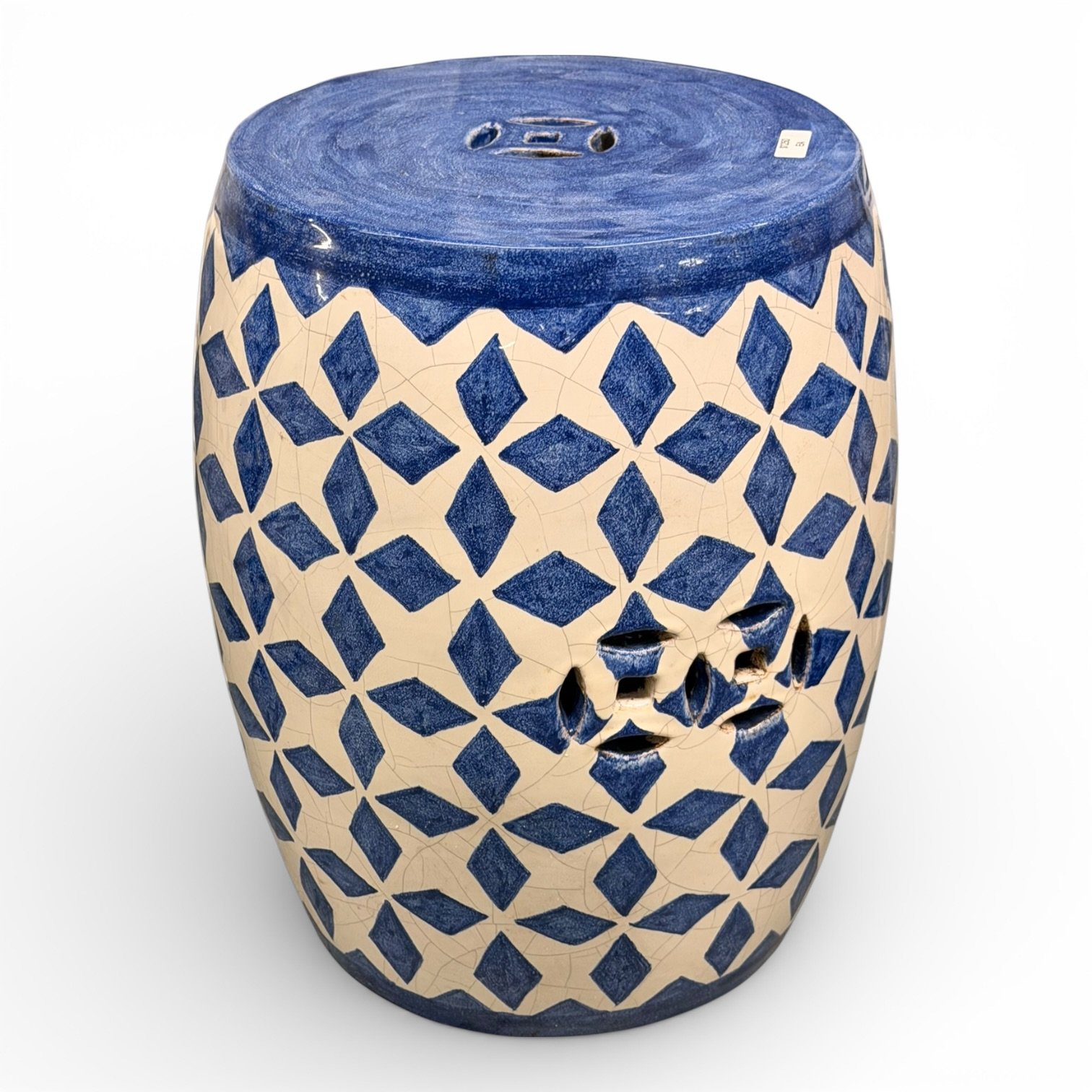 Blue and White Geometric Motif Italian Hand Painted Garden Stool