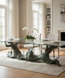 Mid 20th Century Antique-Style Patinated Bronze Merman/Triton Dining Table Base With Glass Top