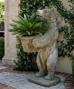 Vintage Cast Stone Standing Bear Garden Statue & Planter