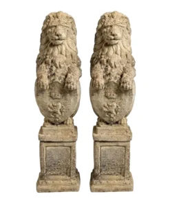 Pair of Antique English Cast Stone Heraldic Lion Guardians on Pedestals