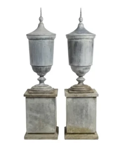 Pair of Large Neoclassical Zinc Urn Finials on Pedestals