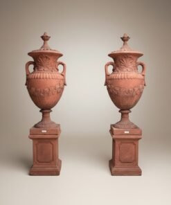 Pair Large Stone Lidded Garden Urns