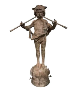 Vintage Neoclassical Patinated Bronze Fountain – Boy Playing Double Flute on Fish Base