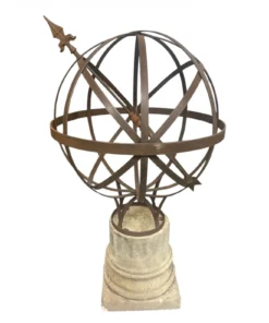 Vintage Wrought Iron Armillary Sphere on Cast Stone Pedestal