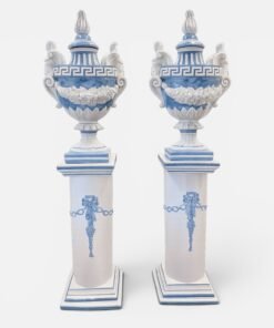Pair of Italian Blue & White Lidded Urns on Pedestals