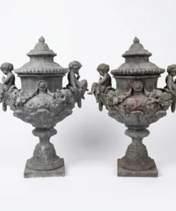 A Pair of Monumental 19th-Century Style English Cast Lead Garden Urns With Lids & Putti