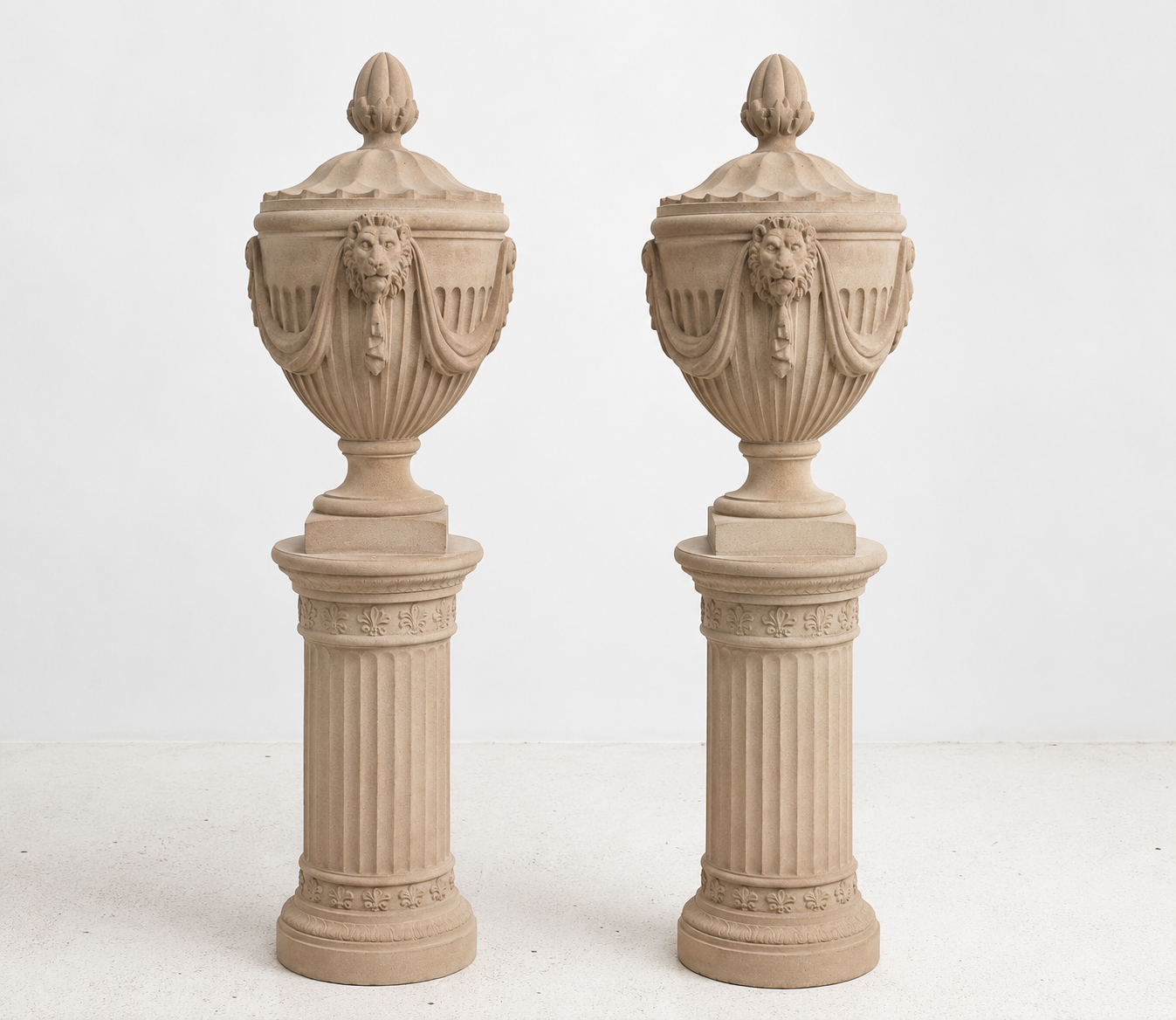 Neoclassical Lion Head Urns on Pedestals - Image 2