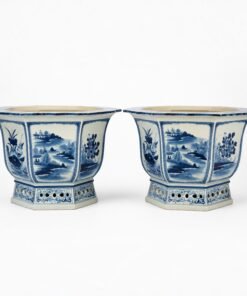 Pair of Chinese Blue & White Porcelain Footed Planters, Octagonal Form