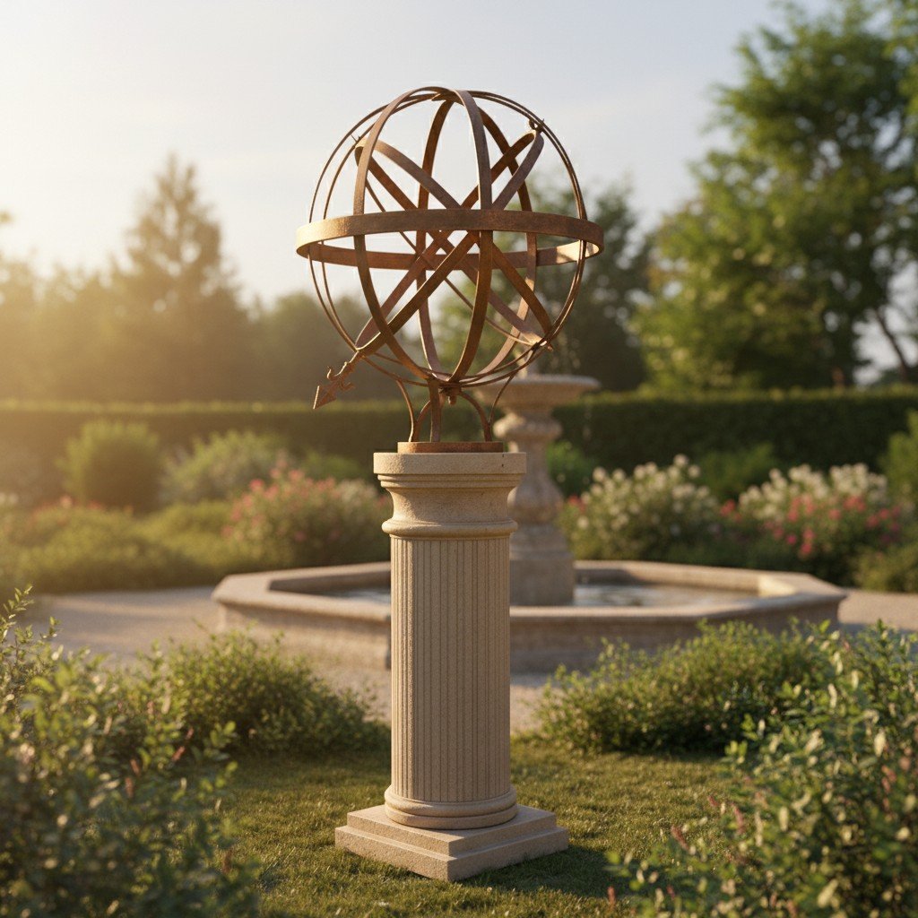 Original Cast Iron Armillary Sphere on Fluted Column Pedestal - Image 2
