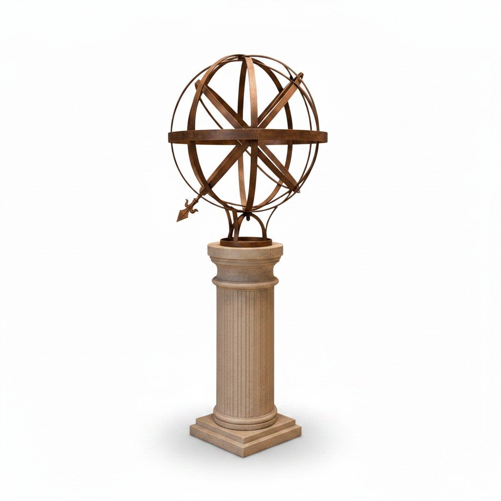 Original Cast Iron Armillary Sphere on Fluted Column Pedestal