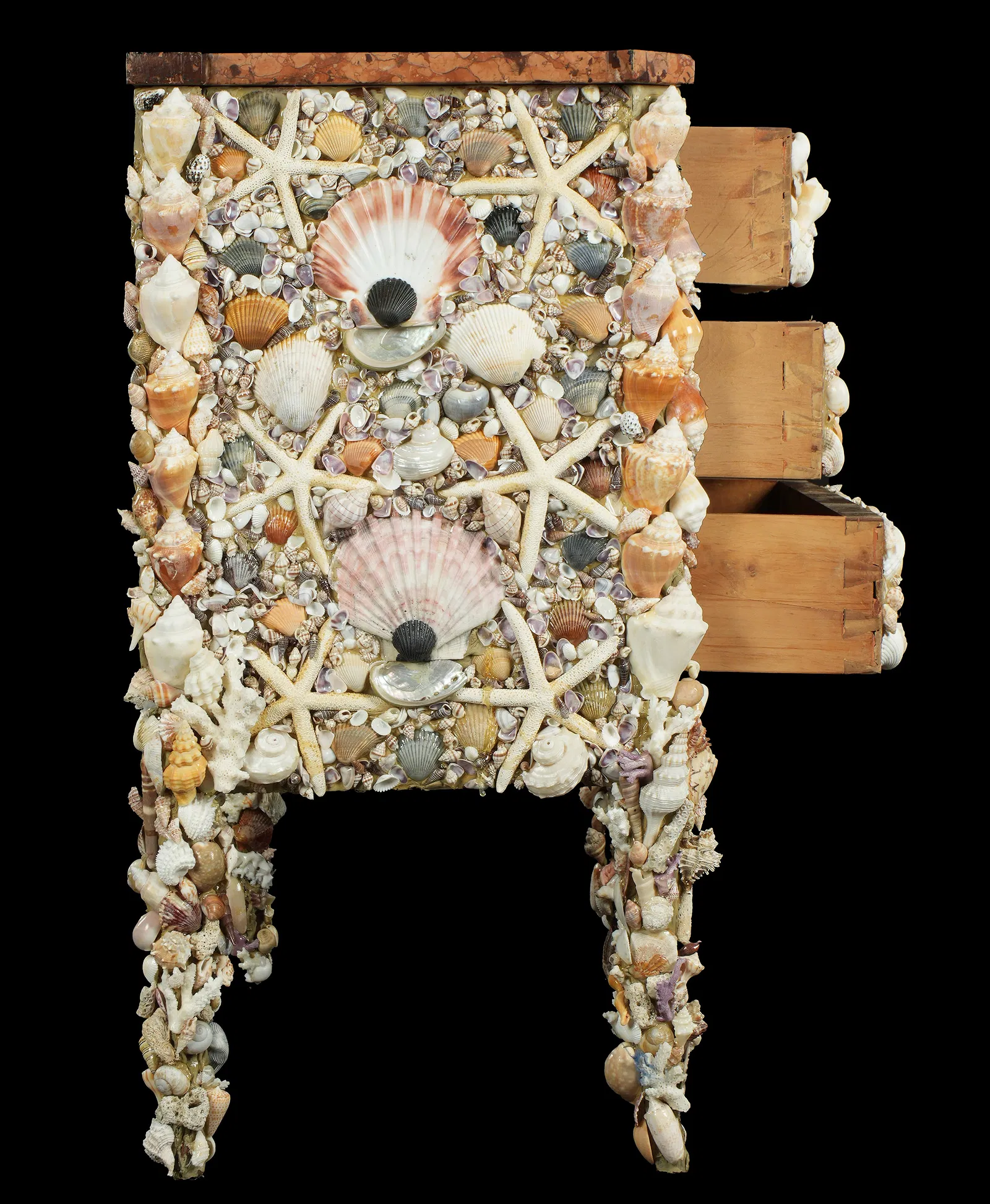 Seashell-Encrusted Three-Drawer Chest with Marble Top - Image 6